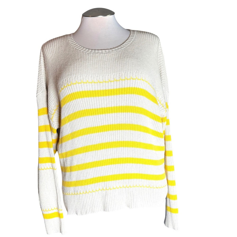 J. Society New York Striped Cotton Crewneck Sweater Yellow Oat 2331 Womens Large - Picture 2 of 9